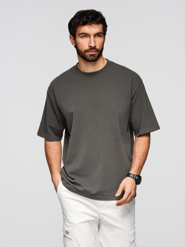 Ombre Clothing Pánske bavlnené tričko LOOSE FIT s okrúhlym výstrihu - sivozlené V3 OM-TSBC-0267 Ombre Clothing