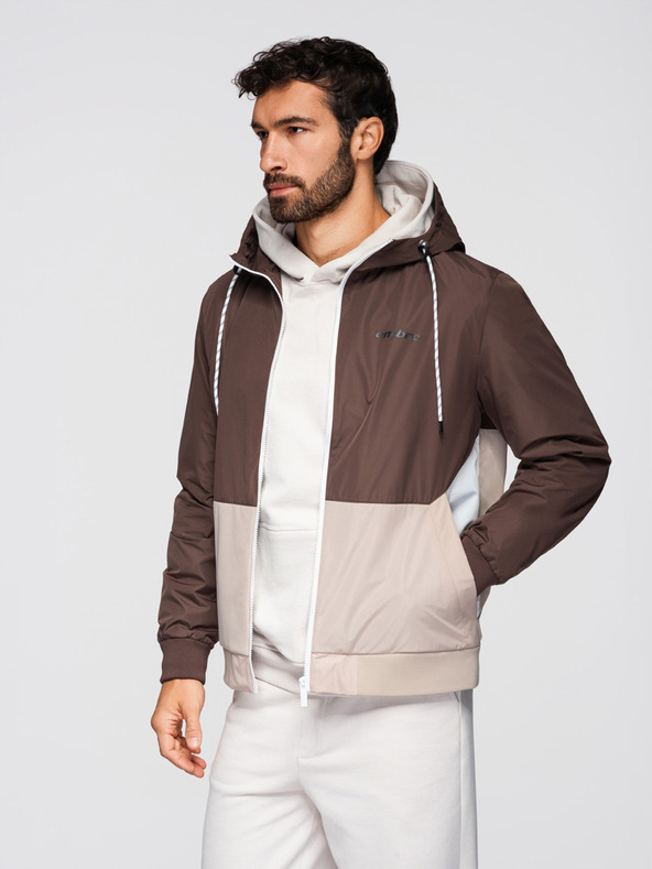 Ombre Clothing Pánska ľahká bunda regular fit s podšívkou a kapucňou - hnedo-béžová V1 OM-JANP-0242 Ombre Clothing