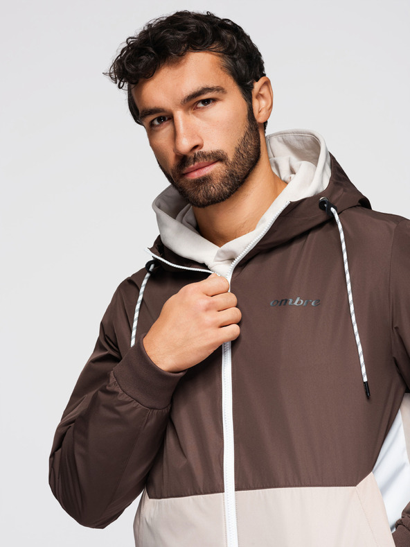 Ombre Clothing Pánska ľahká bunda regular fit s podšívkou a kapucňou - hnedo-béžová V1 OM-JANP-0242 Ombre Clothing