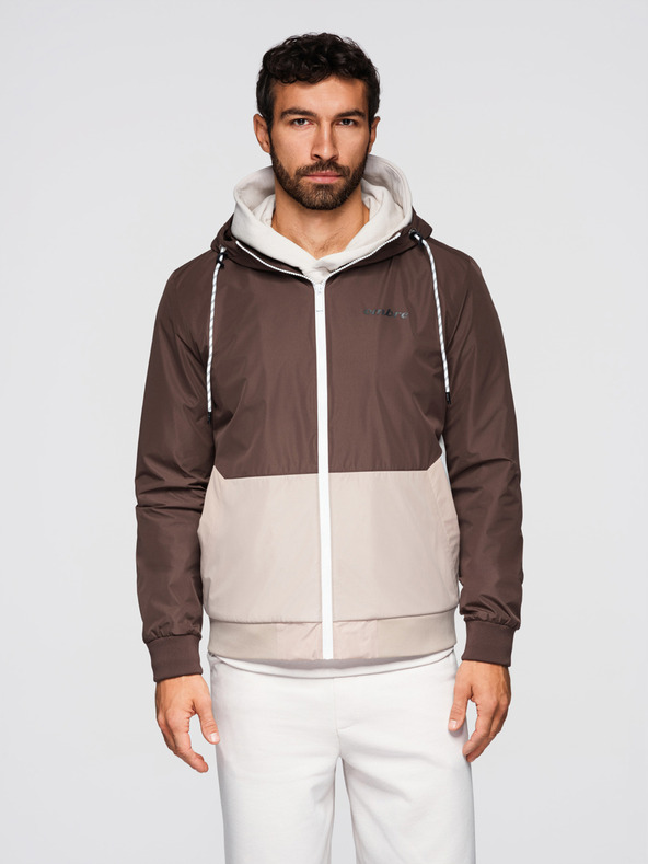 Ombre Clothing Pánska ľahká bunda regular fit s podšívkou a kapucňou - hnedo-béžová V1 OM-JANP-0242 Ombre Clothing