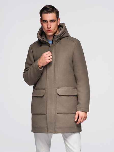 Ombre Clothing Pánský vlnený kabát parka s kapucňou - khaki V2 OM-COWC-0132 Ombre Clothing