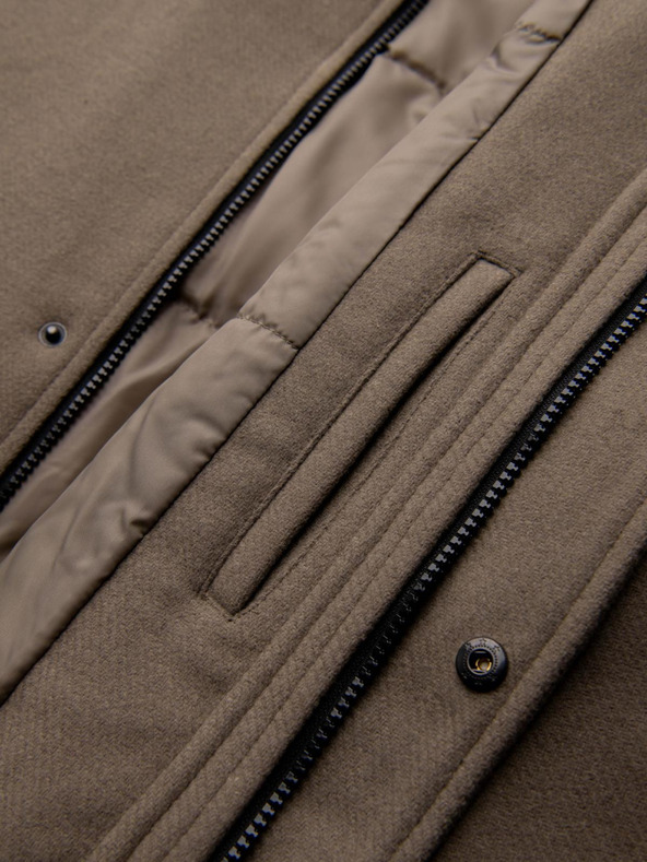 Ombre Clothing Pánský vlnený kabát parka s kapucňou - khaki V2 OM-COWC-0132 Ombre Clothing