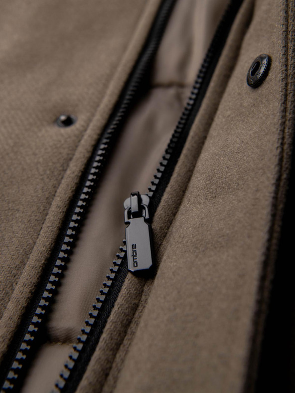 Ombre Clothing Pánský vlnený kabát parka s kapucňou - khaki V2 OM-COWC-0132 Ombre Clothing