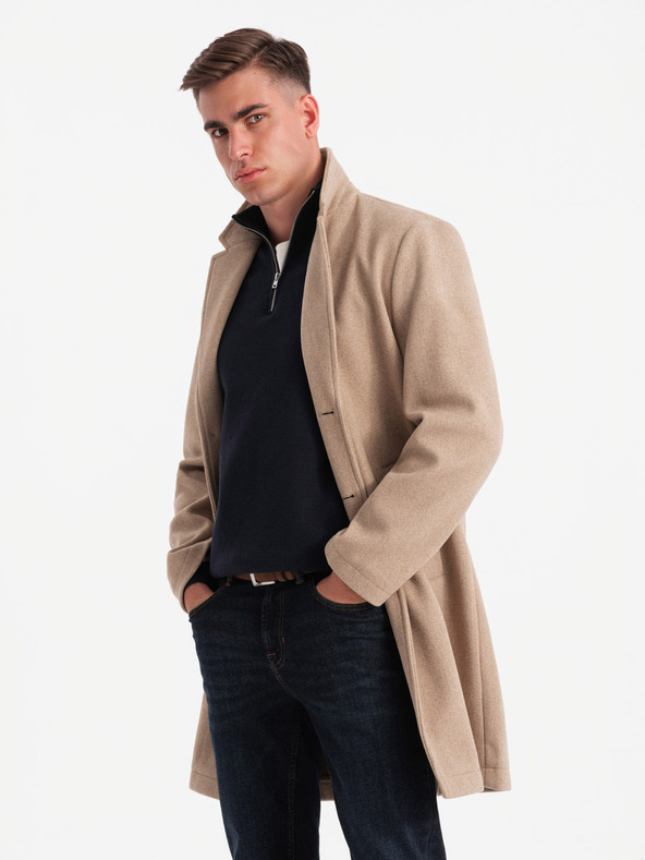 Ombre Clothing Pánský ľahký jednoradový kabát - béžový V7 OM-COWC-0104 Ombre Clothing