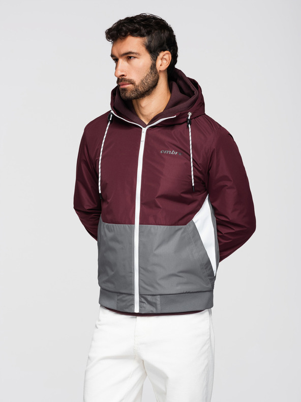 Ombre Clothing Pánska ľahká bunda regular fit s podšívkou a kapucňou - vínovo sivá V3 OM-JANP-0242 Ombre Clothing