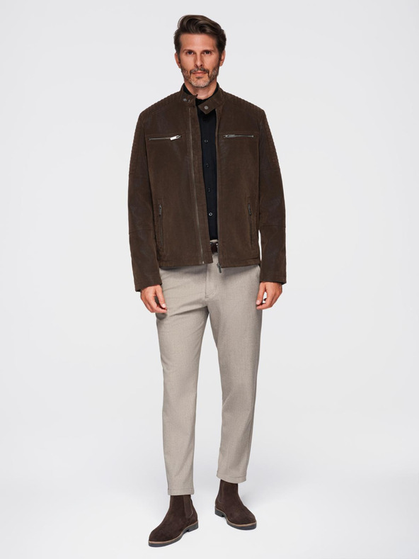 Ombre Clothing Pánska štýlová bunda z ekokože so stojáčikom - tmavo hnedá V1 C637 Ombre Clothing