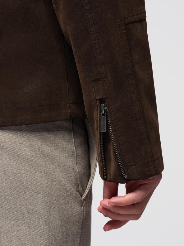 Ombre Clothing Pánska štýlová bunda z ekokože so stojáčikom - tmavo hnedá V1 C637 Ombre Clothing