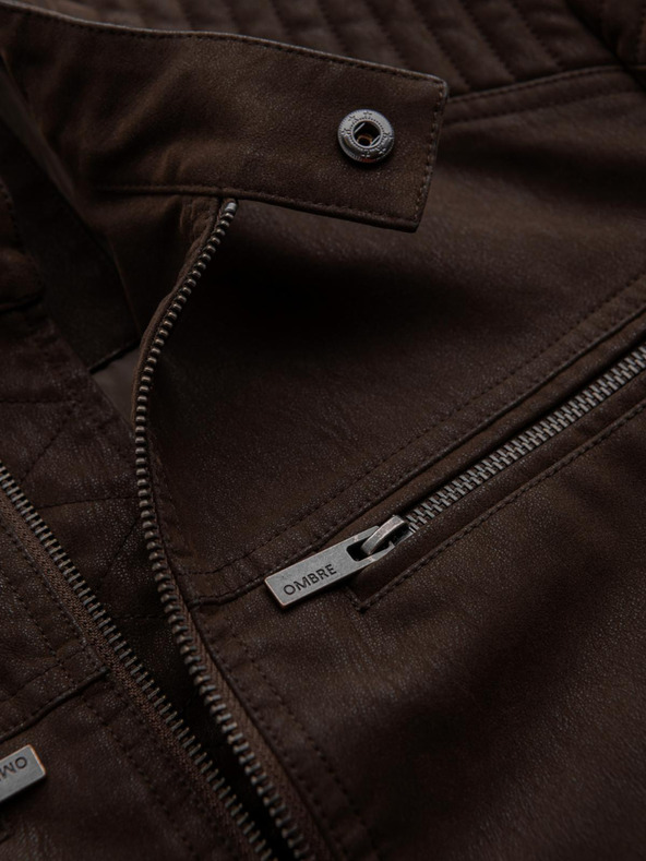 Ombre Clothing Pánska štýlová bunda z ekokože so stojáčikom - tmavo hnedá V1 C637 Ombre Clothing