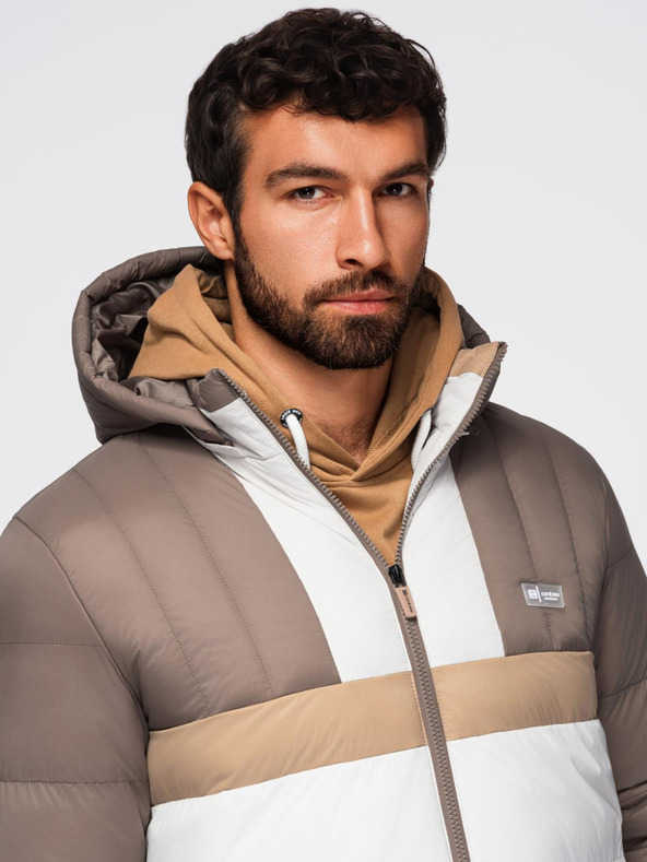 Ombre Clothing Pánska farebná retro športová bunda - béžová a biela V2 OM-JALP-0296 Ombre Clothing