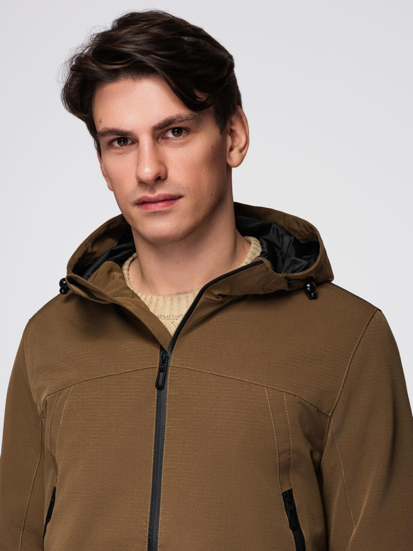 Ombre Clothing Pánska ľahká bunda s nepremokavou vrstvou a kapucňou - hnedá V2 C638 Ombre Clothing