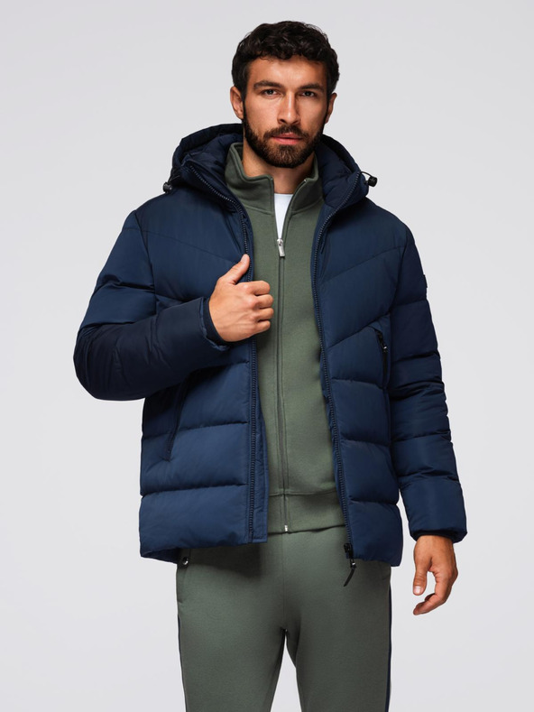 Ombre Clothing Pánska bunda s asymetrickým prešívaním a kapucňou - tmavo modrá V4 OM-JAHP-0304 Ombre Clothing