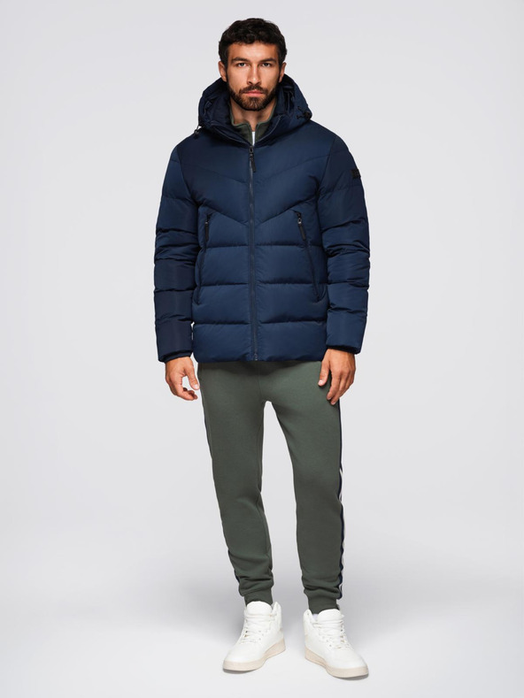 Ombre Clothing Pánska bunda s asymetrickým prešívaním a kapucňou - tmavo modrá V4 OM-JAHP-0304 Ombre Clothing