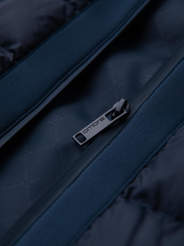 Ombre Clothing Prešívaná bunda bomber s kapucňou a pletenými rukávmi - tmavo modrá V2 OM-JALP-0298 Ombre Clothing