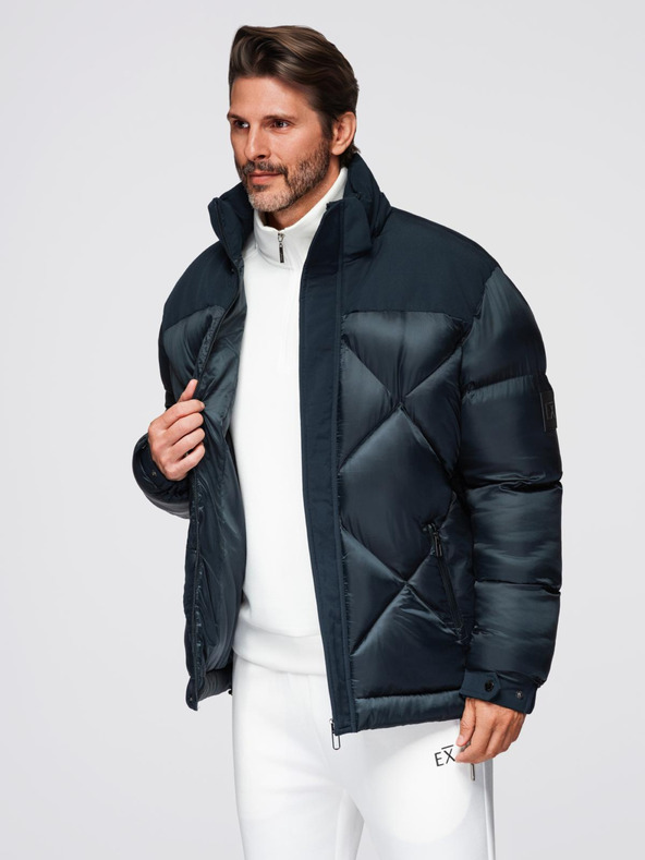 Ombre Clothing Pánska bunda s kapucňou a geometrickým kosoštvorcovým prešívaním - tmavo modrá V2 OM-JAHP-0237 Ombre Clothing