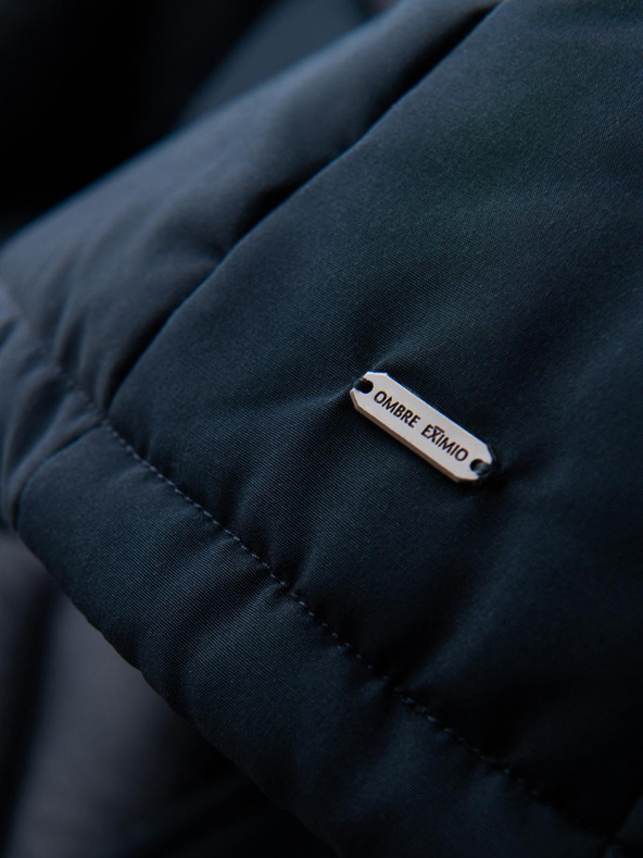 Ombre Clothing Pánska bunda s kapucňou a geometrickým kosoštvorcovým prešívaním - tmavo modrá V2 OM-JAHP-0237 Ombre Clothing