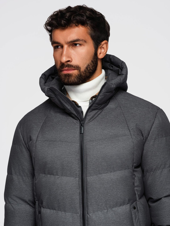 Ombre Clothing Pánska dlhá prešívaná bunda s kapucňou - sivá V2 OM-JALJ-0264 Ombre Clothing