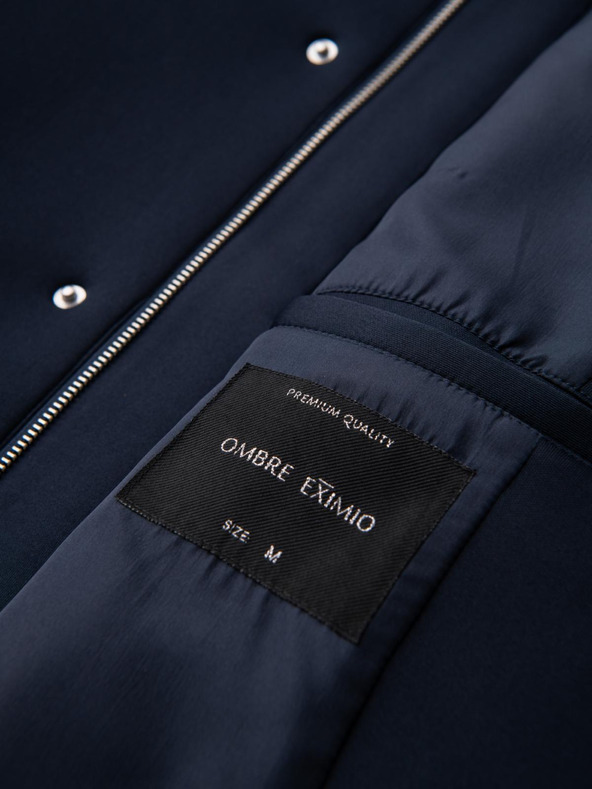 Ombre Clothing Pánsky minimalistický kabát strednej dĺžky s kapucňou - tmavo modrý V5 OM-COLC-0144 Ombre Clothing