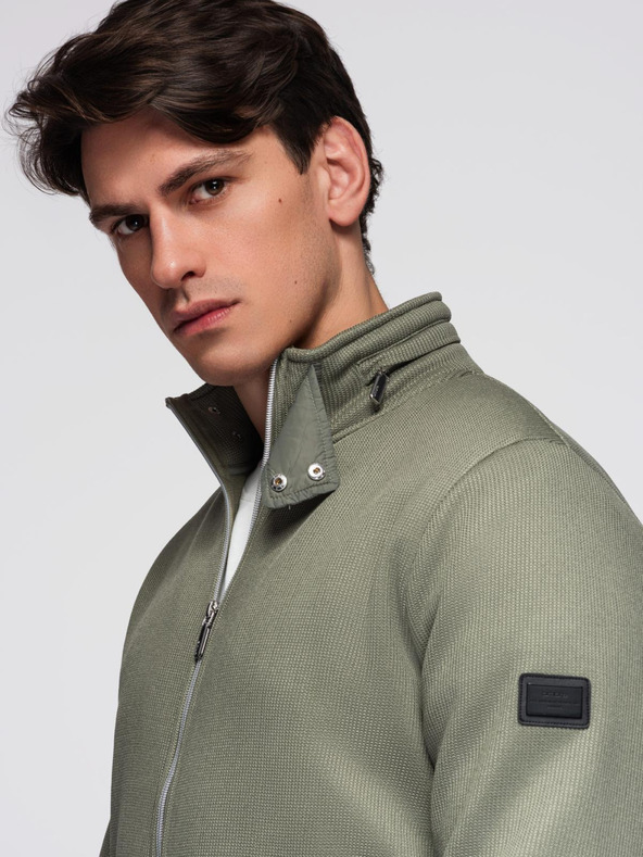 Ombre Clothing Pletená bunda s fleecovou podšívkou a vysokým golierom - khaki V3 C645 Ombre Clothing