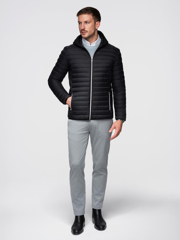 Ombre Clothing Pánska ultralahká bunda z prírodného prachového peria s vreckom - čierna V1 OM-JALP-0211 Ombre Clothing