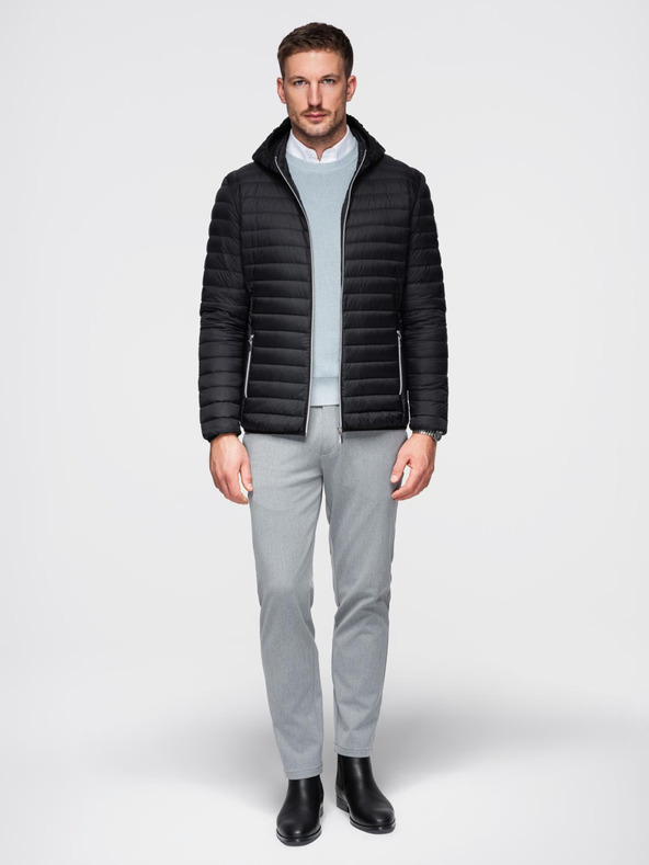Ombre Clothing Pánska ultralahká bunda z prírodného prachového peria s vreckom - čierna V1 OM-JALP-0211 Ombre Clothing
