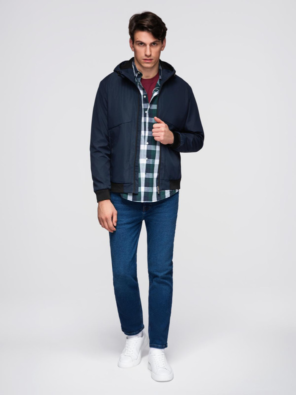 Ombre Clothing Pánska ľahká bunda s kapucňou a sieťovanou podšívkou - tmavo modrá V1 C640 Ombre Clothing