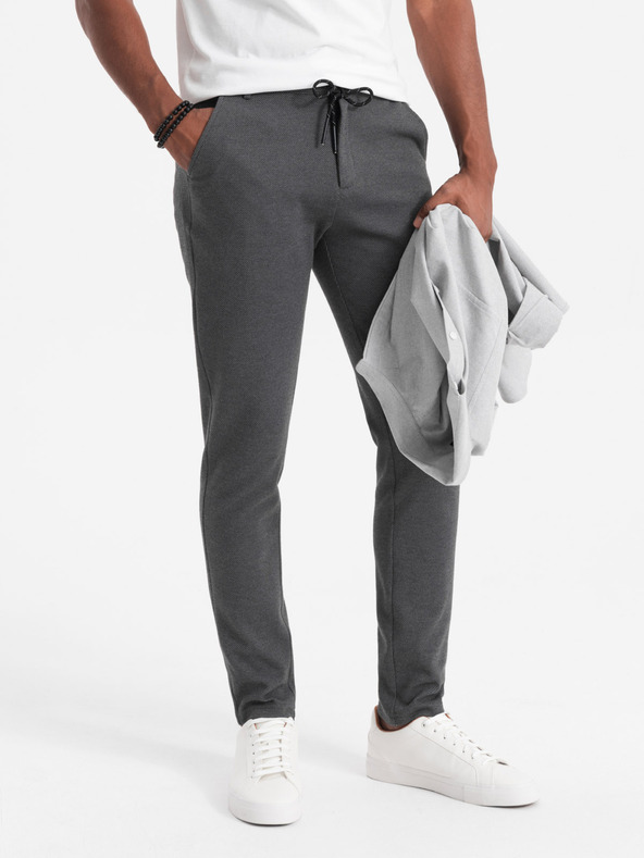 Ombre Clothing Pánske pletené nohavice s elastickým pásom - tmavo sivé V2 OM-PACP-0116 Ombre Clothing