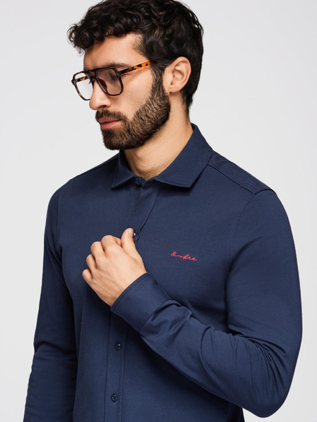 Ombre Clothing Pánska bavlnená košeľa REGULAR s kontrastným vyšívaním - tmavá modrá V2 K697 Ombre Clothing