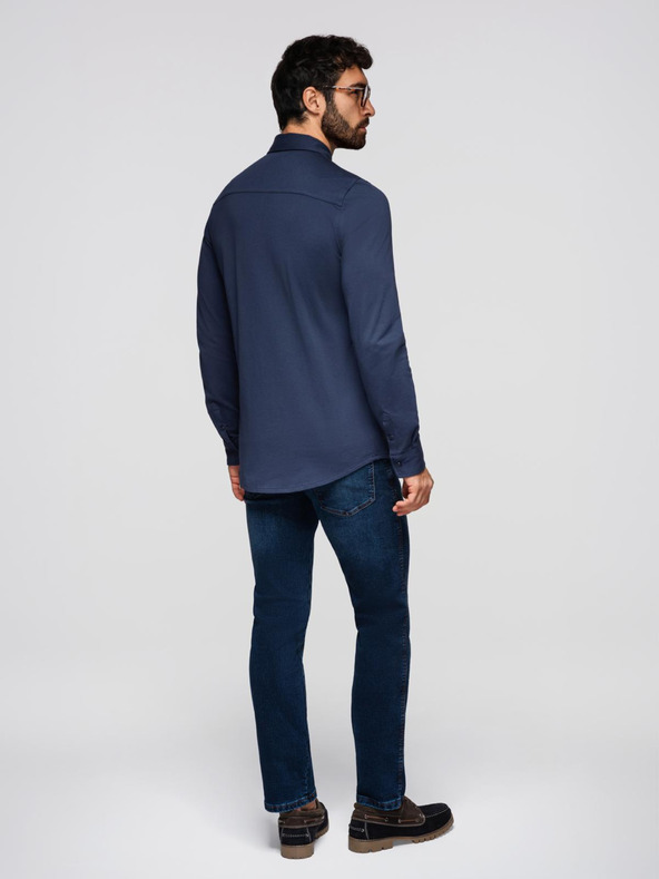 Ombre Clothing Pánska bavlnená košeľa REGULAR s kontrastným vyšívaním - tmavá modrá V2 K697 Ombre Clothing