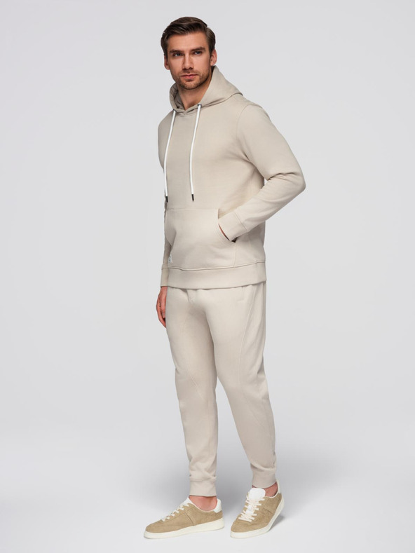 Ombre Clothing Pánska bavlnená tepláková súprava mikina s vreckom na bruchu + nohavice jogger - svetlo béžová V1 Z121 Ombre Clothing