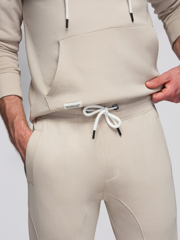 Ombre Clothing Pánska bavlnená tepláková súprava mikina s vreckom na bruchu + nohavice jogger - svetlo béžová V1 Z121 Ombre Clothing