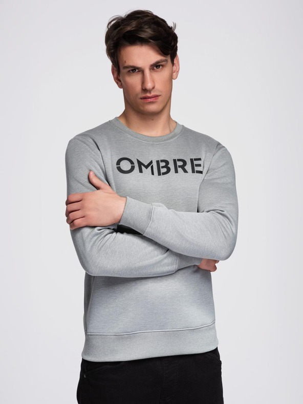 Ombre Clothing Klasická pánska mikina s nápismi - sivá melanž V1 B1711 Ombre Clothing