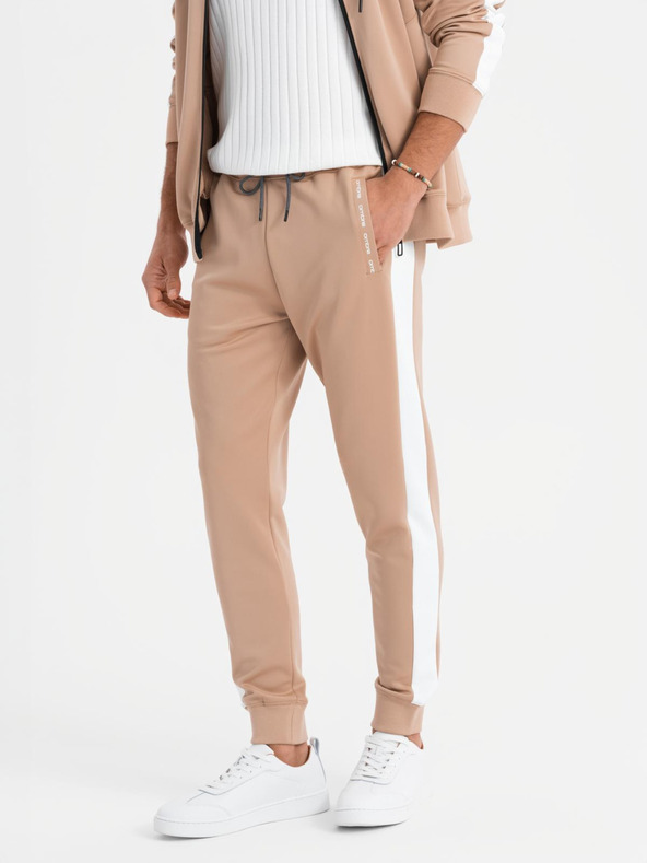 Ombre Clothing Pánska mikina s kapucňou na zips + nohavice jogger - béžová V4 Z118 Ombre Clothing