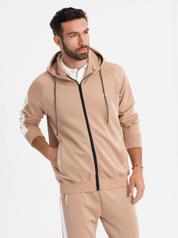 Ombre Clothing Pánska mikina s kapucňou na zips + nohavice jogger - béžová V4 Z118 Ombre Clothing