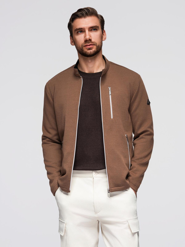 Ombre Clothing Pánska štruktúrovaná motorárska bunda so stojáčikom - hnedá V2 OM-JANP-0229 Ombre Clothing