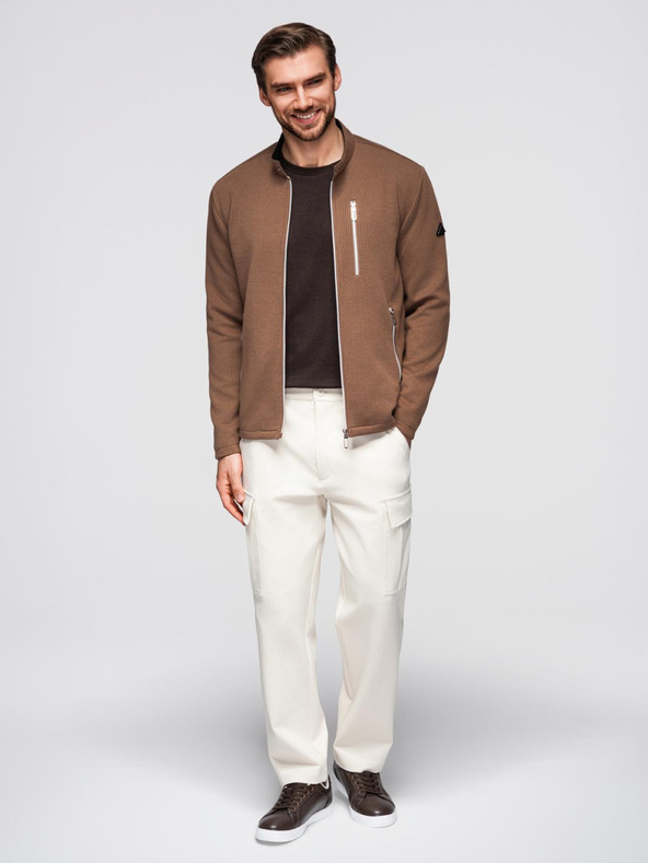 Ombre Clothing Pánska štruktúrovaná motorárska bunda so stojáčikom - hnedá V2 OM-JANP-0229 Ombre Clothing