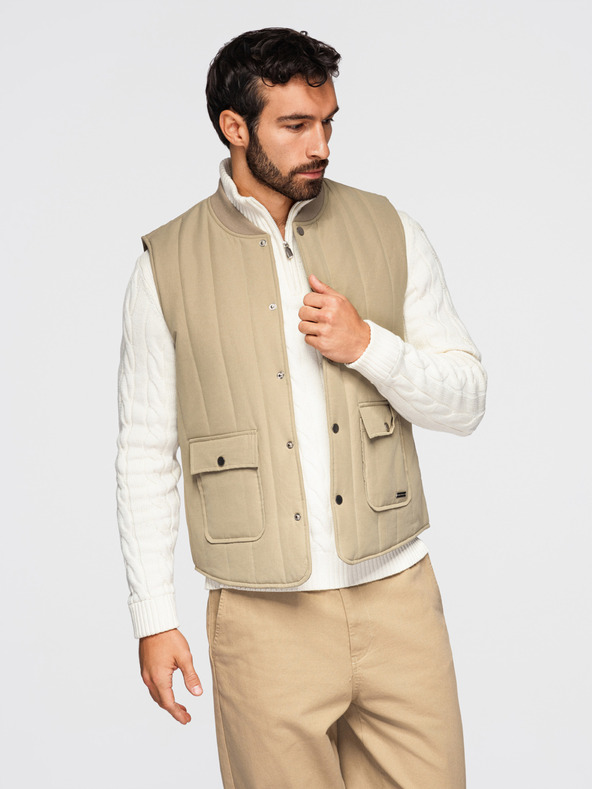 Ombre Clothing Pánska legiaca vesta bez rukávov so zvislým prešívaním - béžová V2 OM-JAVJ-0323 Ombre Clothing