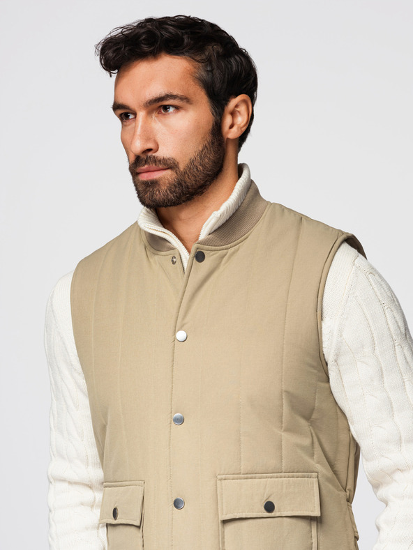 Ombre Clothing Pánska legiaca vesta bez rukávov so zvislým prešívaním - béžová V2 OM-JAVJ-0323 Ombre Clothing