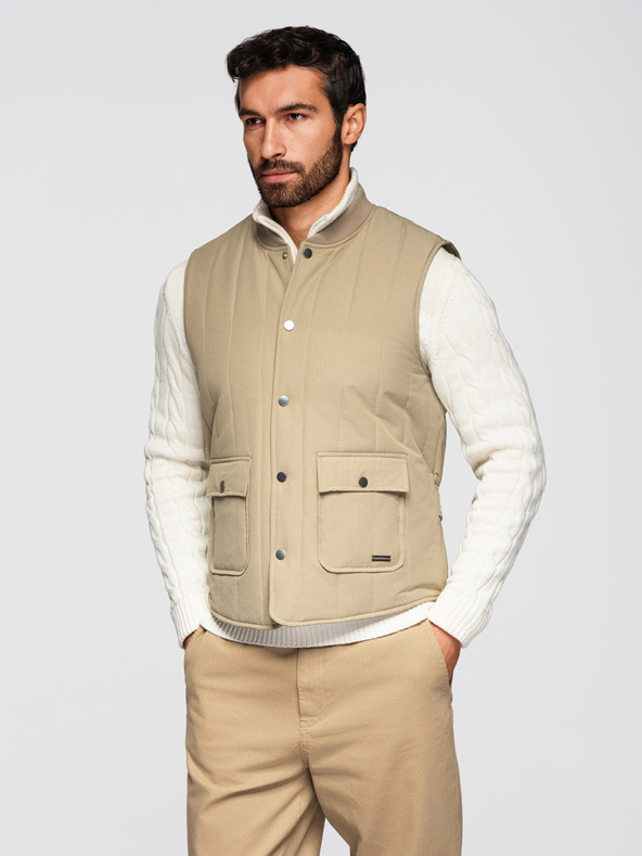 Ombre Clothing Pánska legiaca vesta bez rukávov so zvislým prešívaním - béžová V2 OM-JAVJ-0323 Ombre Clothing
