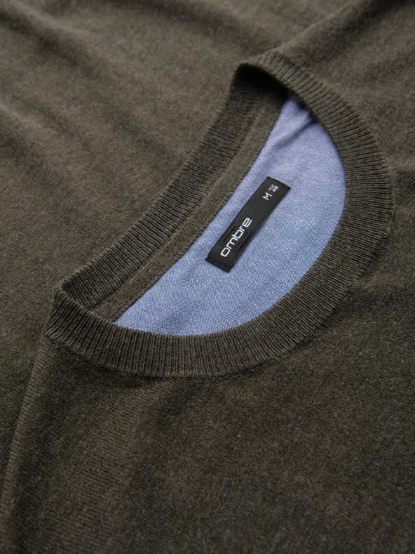 Ombre Clothing Pánsky viskózový sveter BASIC classic s okrúhlym výstrihom - olivový melír V17 OM-SWBS-0106 Ombre Clothing