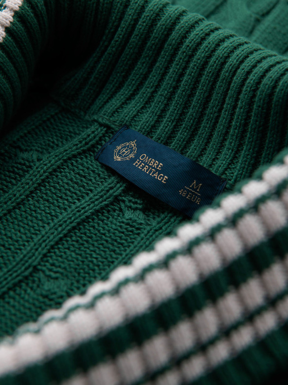 Ombre Clothing Pánsky sveter so šálovým golierom v preppy štýle - zelený V2 OM-SWCD-0152 Ombre Clothing