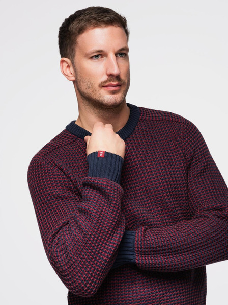 Ombre Clothing Pánsky sveter s kontrastným väzbom a okrúhlym výstrihom - bordó V1 OM-SWSW-0122 Ombre Clothing