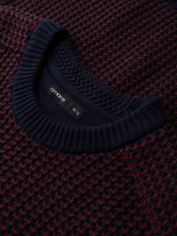 Ombre Clothing Pánsky sveter s kontrastným väzbom a okrúhlym výstrihom - bordó V1 OM-SWSW-0122 Ombre Clothing