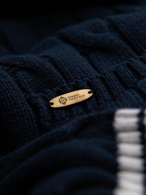 Ombre Clothing Pánsky sveter so šálovým golierom v preppy štýle - tmavo modrý V4 OM-SWCD-0152 Ombre Clothing