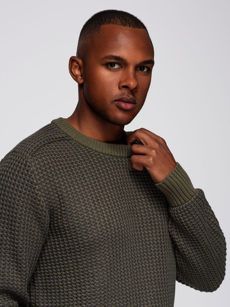 Ombre Clothing Pánsky sveter s kontrastnou väzbou a okrúhlym výstrihom - tmavo olivový V2 OM-SWSW-0122 Ombre Clothing