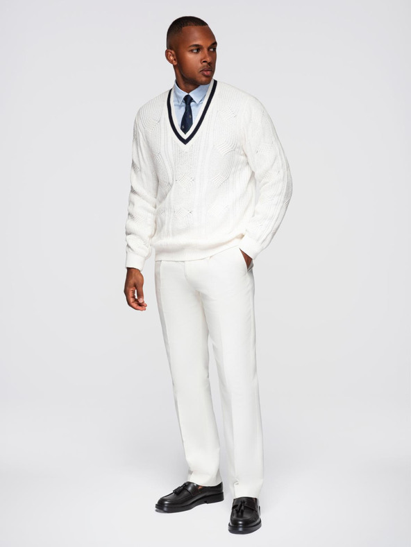 Ombre Clothing Pánsky kockovaný sveter s výstrihom - biely V1 OM-SWSW-0151 Ombre Clothing