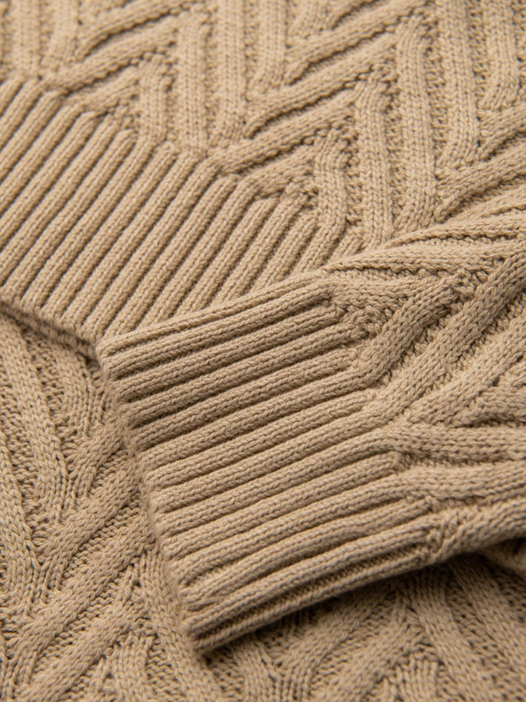 Ombre Clothing Pánsky sveter zo cik-cak úpletu - pieskový V1 OM-SWSW-0147 Ombre Clothing