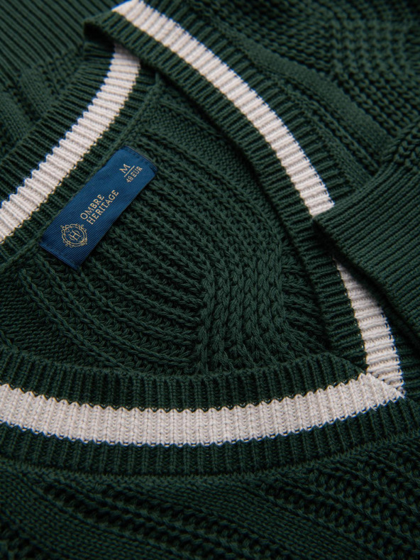 Ombre Clothing Pánsky kockovaný sveter s výstrihom - zelený V3 OM-SWSW-0151 Ombre Clothing