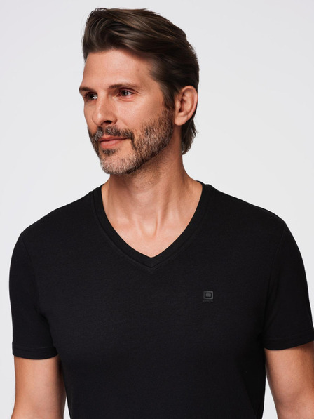 Ombre Clothing Čierne pánske tričko s výstrihom do V Oblečenie Ombre