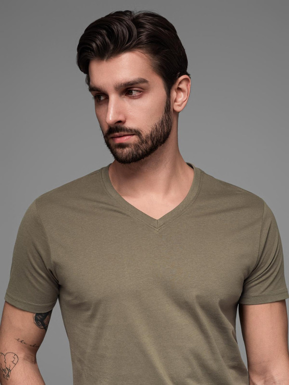 Ombre Clothing Khaki pánske základné tričko s výstrihom do V Ombre Clothing