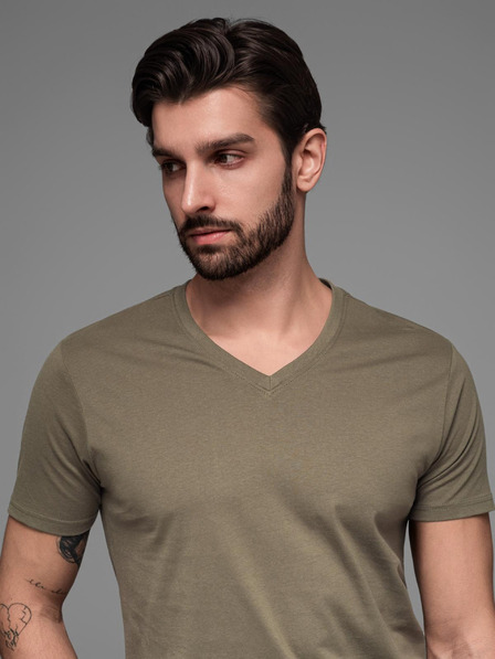 Ombre Clothing Khaki pánske základné tričko s výstrihom do V Ombre Clothing
